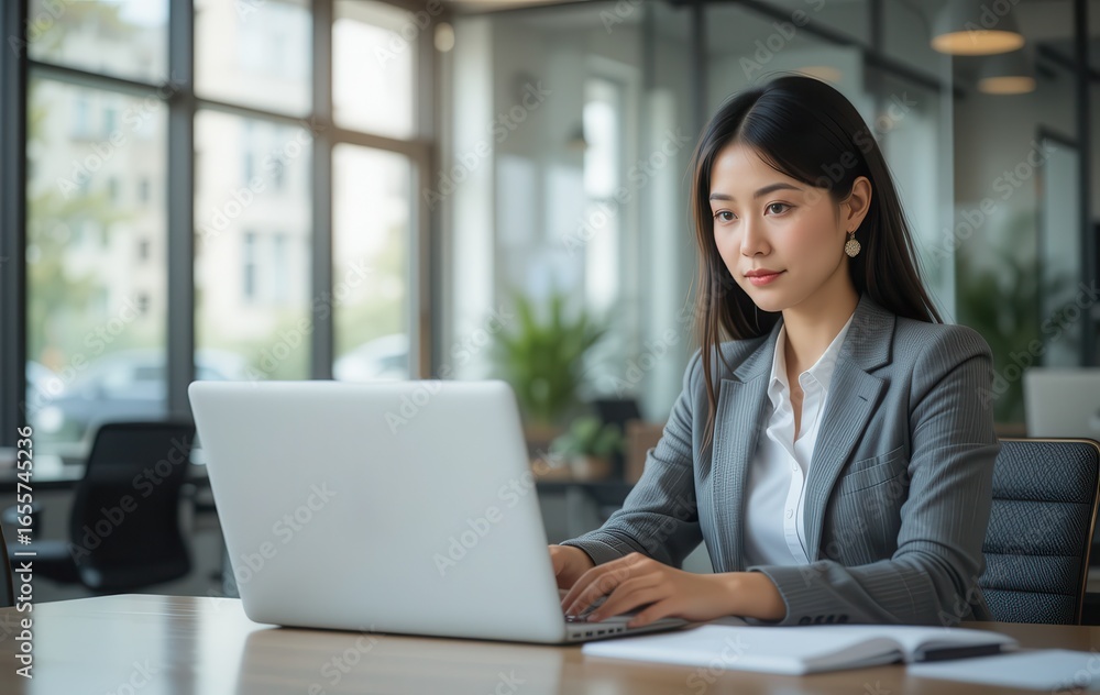 Close up Asian business woman working on a laptop in a professional office Close up Asian business woman working on a laptop in a professional office