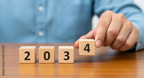Person arranging wooden blocks to display the year twenty thirty four on a wooden surface top