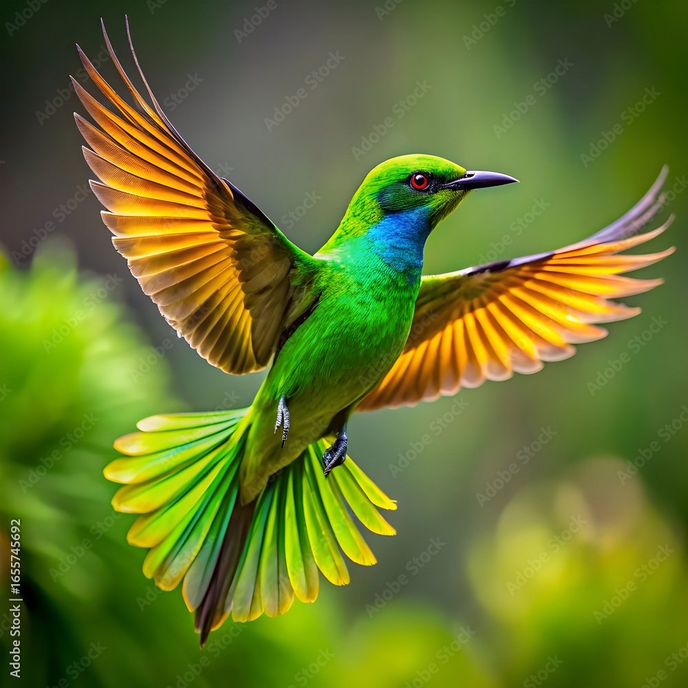 Fototapeta premium spectacular flight of a vivid green bird
