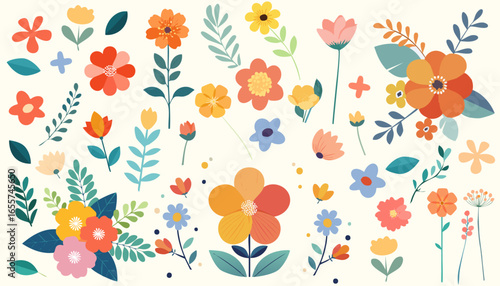 Wallpaper Mural Flower collection, floral design elements vector set.Set floral of wildflower, leaf branch, foliage on ivory background. Blossom illustration for decor, easter, thanksgiving, clipart. Torontodigital.ca