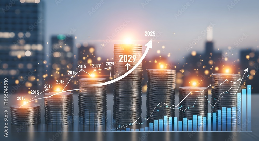 Naklejka premium Stacks of coins with rising arrow and graph depicting financial growth against cityscape backdrop