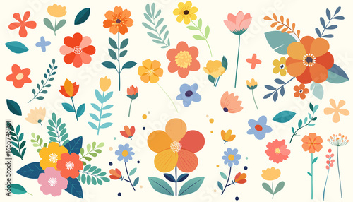 Wallpaper Mural Flower collection, floral design elements vector set.Set floral of wildflower, leaf branch, foliage on ivory background. Blossom illustration for decor, easter, thanksgiving, clipart. Torontodigital.ca