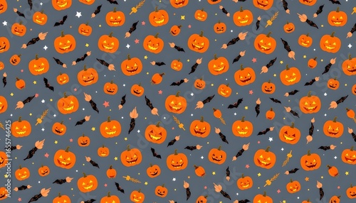 An intricate pattern of Halloween pumpkins in various stages of carving