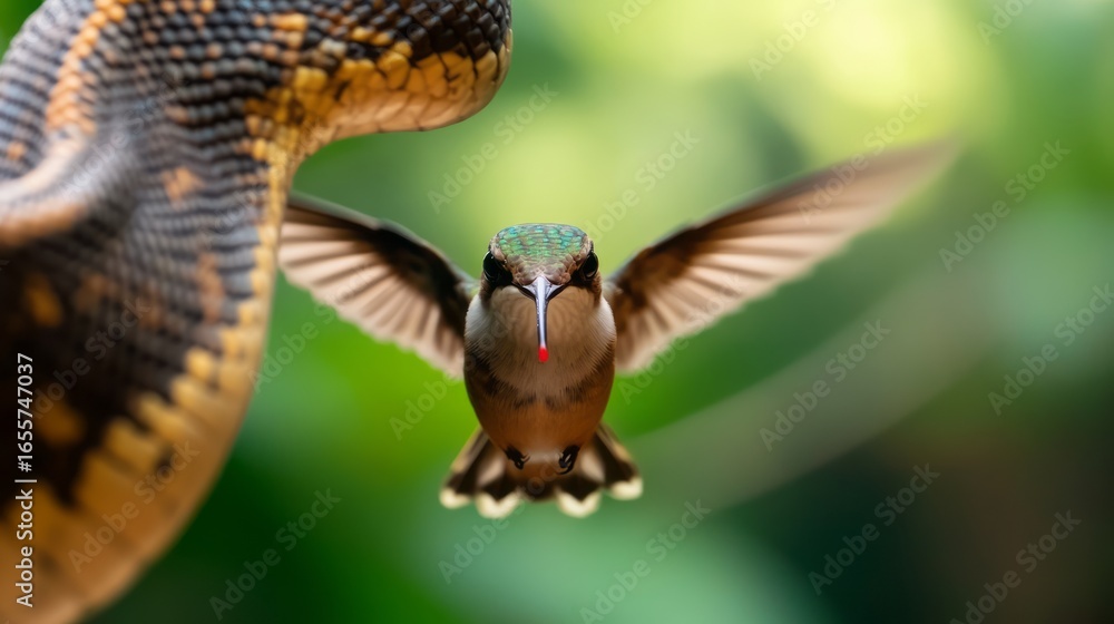 Obraz premium Hummingbird in Flight Near Snake with Vibrant Colors and Intricate Details in Natural Setting