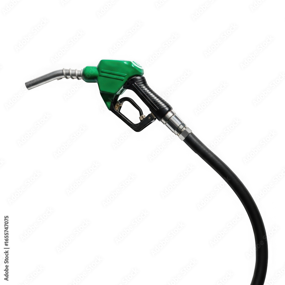 Green fuel nozzle with black hose on a black background Green fuel nozzle with black hose on a black background