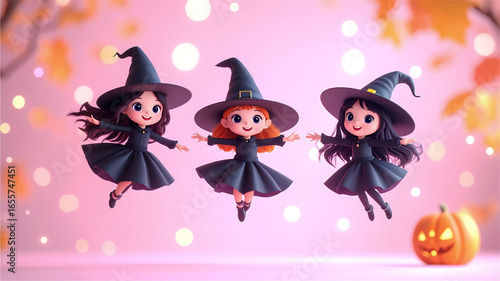ハロウィンハットをかぶった楽しそうに飛んでいる女の子