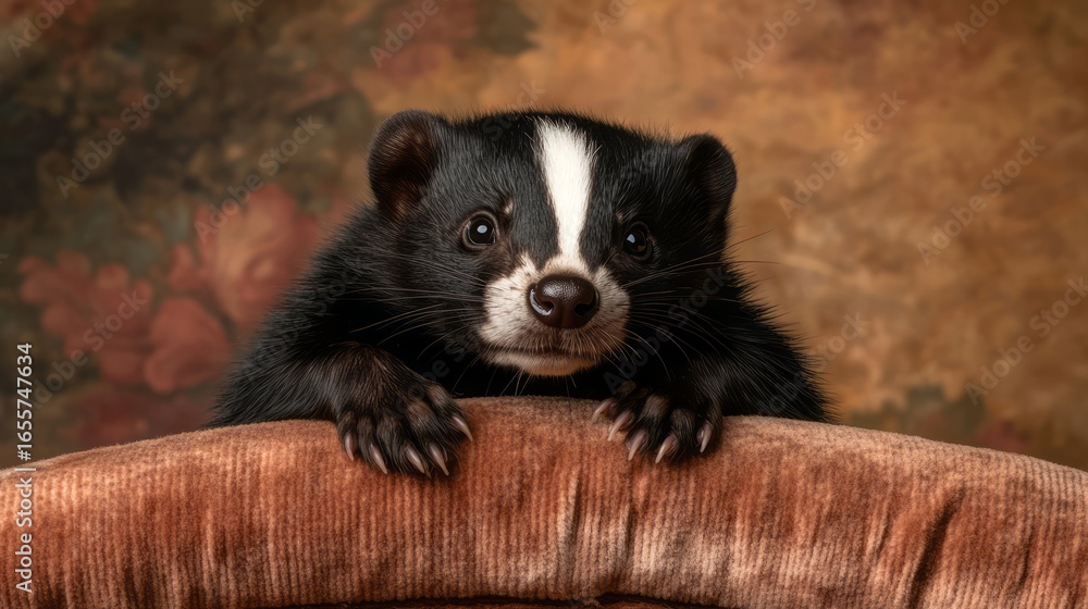 Fototapeta premium Adorable Black and White Badger with Striking Stripes Posing on Vintage Velvet Furniture