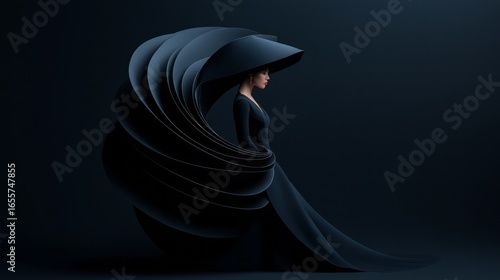 Elegant woman in dramatic black paper dress with flowing design against a dark minimalist background