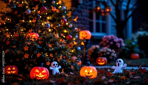 A festive Halloween celebration at nighttime with a decorated Christmas tree visible.