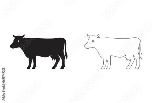 Black silhouette and outline drawing of a cow standing side profile on white background