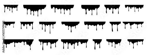 Black melt drips paint set. Liquid drops and abstract shapes.