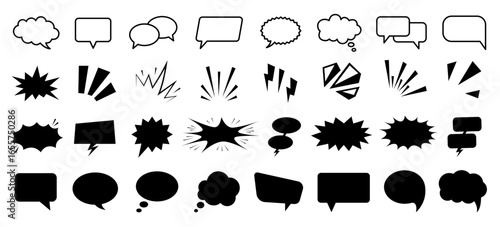 Comic speech bubble set. Explosion shapes, vintage hand drawn cartoon thinking clouds, dialogue frame, dialog text box symbol and silhouette. Vector illustration.