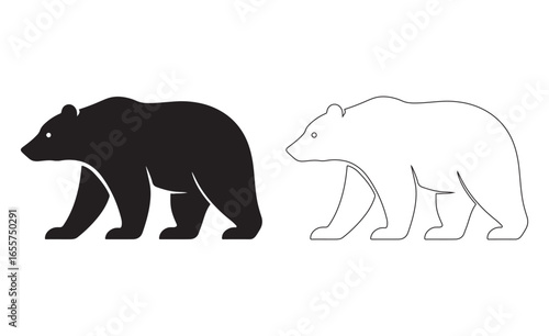 Silhouette and outline drawing of a bear side profile on white background