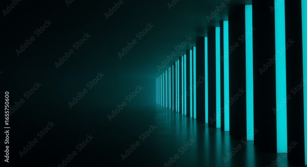 Obraz premium Blue light corridor with repeating pillars