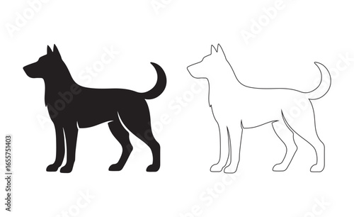 Silhouette and outline drawing of a german shepherd dog standing alert on a white background