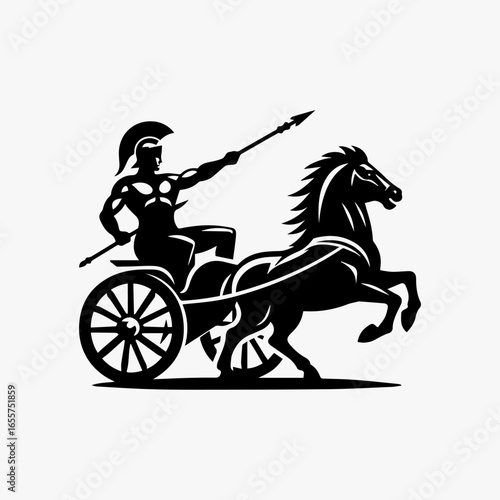 Silhouette of a Spartan warrior riding a horsedrawn chariot wielding a spear.