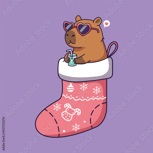 cute Capybara in a Christmas Stocking with Heart Sunglasses and Drink. vector illustration