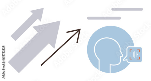 Human profile with voice recognition signal beside upward arrows representing growth and advancement. Ideal for innovation, technology, communication, progress, AI, success, development. Simple flat