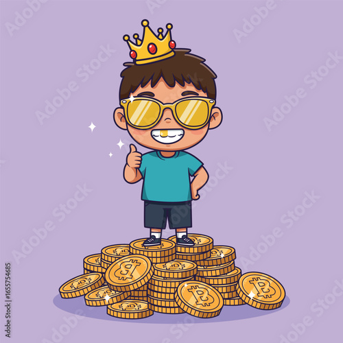 Bitcoin King Young Entrepreneur Celebrating Financial Success. vector illustration