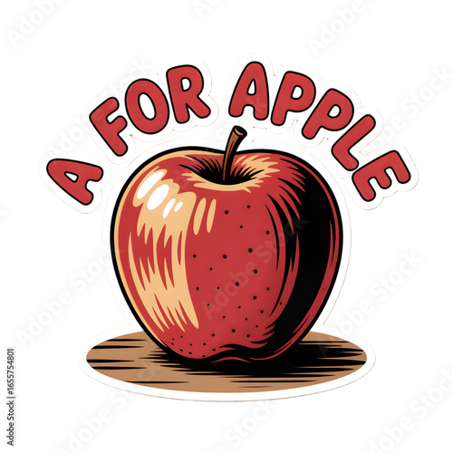 A for Apple sticker, sticker-like bruise, and "A for Apple" in bold, friendly letters."A" alphabet 