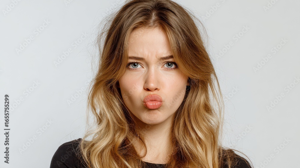 Fototapeta premium capricious woman with pouting lips in studio portrait of confused girl face annoyed woman face expression female model grimace on white background no logos no brands ar 169
