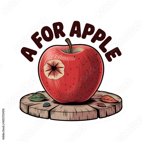 A for Apple sticker, sticker-like bruise, and "A for Apple" in bold, friendly letters."A" alphabet 