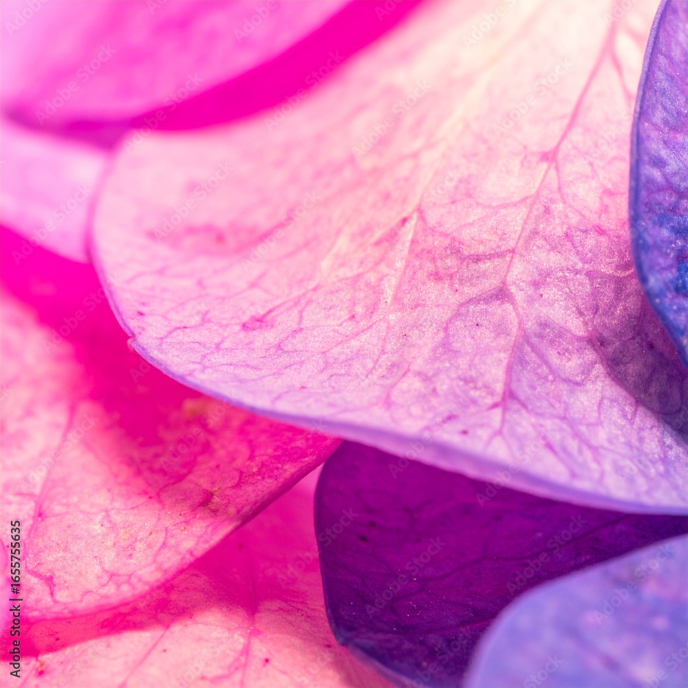 Fototapeta premium Close-up view of vibrant, overlapping hydrangea petals showcasing a gradient of pink, purple, and blue hues.