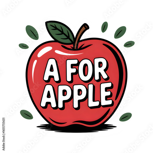 A for Apple sticker, sticker-like bruise, and "A for Apple" in bold, friendly letters."A" alphabet 