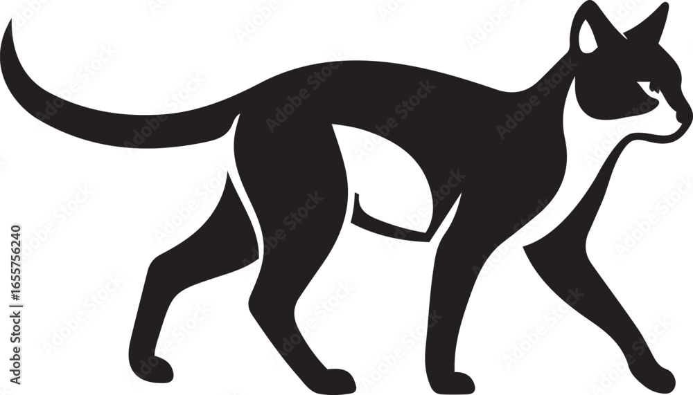 Fototapeta premium Cat walking stylized silhouette vector, Black and white feline illustration design