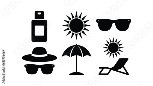 Summer Vacation Essentials:  Stylish Black Icon Set of Sunglasses, Sun Hat, Beach Chair, Umbrella, and Sunscreen Bottle; Minimalist Graphic Design for Website or App.