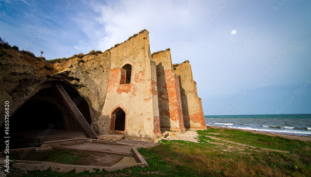 Fototapeta premium Weathered Brick Buttresses of a Coastal Ruin Under a Pale Moon