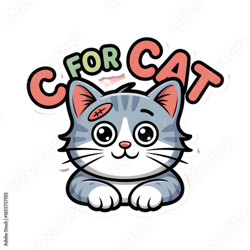 C for Cat sticker, sticker-like bruise, and "C for Cat" in bold, friendly letters. "C" alphabet 