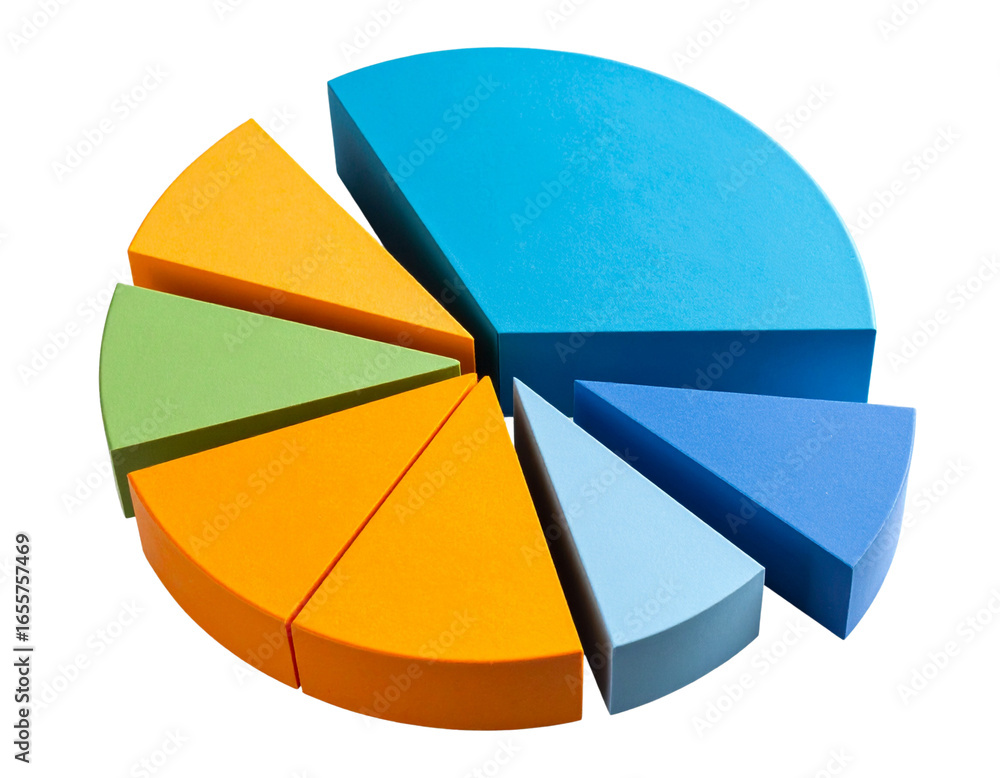 Fototapeta premium Top-Down View of Sliced Pie Chart Highlighting Financial Distribution, Isolated Transparent Background.