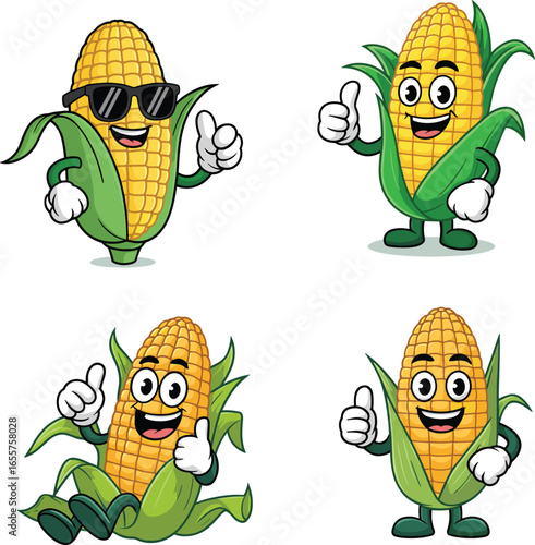 Cartoon corn character set with sunglasses, thumbs up, happy mascot, agriculture food design, healthy eating vegetable illustration