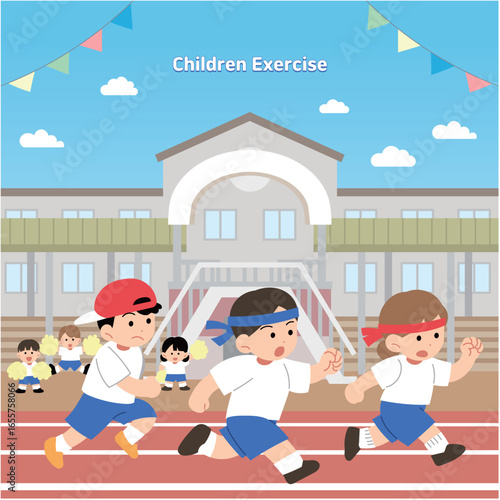 학교 앞 운동장에서 달리기를 하고 있는 아이들.