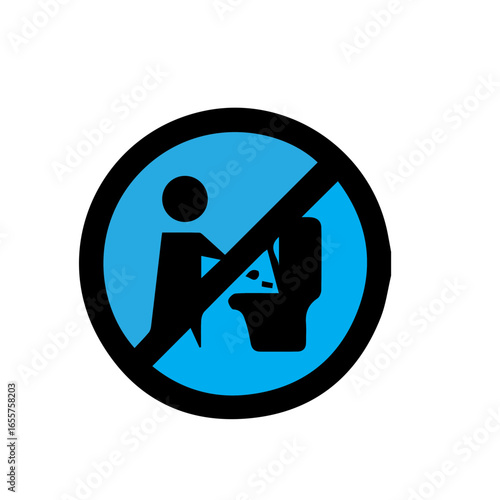 Circular blue prohibition sign for proper toilet usage. A graphic illustration warning against urinating outside the bowl.