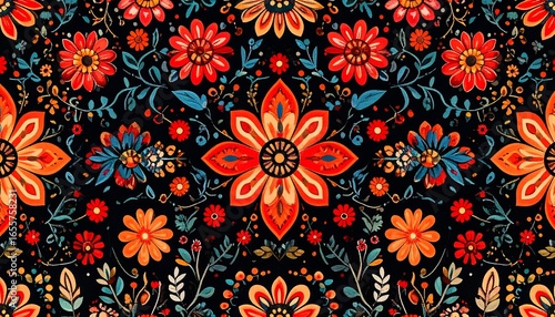 Vibrant floral pattern on dark background, featuring red, orange, and blue flowers with intricate details
