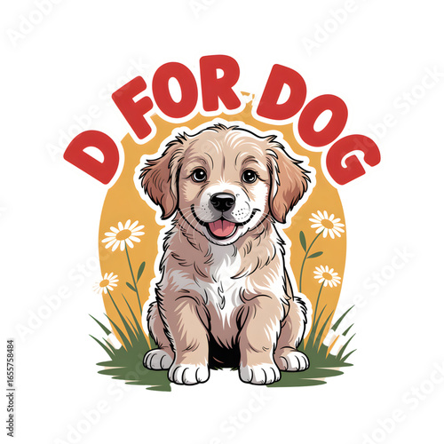 D for dog sticker, sticker-like bruise, and "D for dog" in bold, friendly letters, "D" alphabet