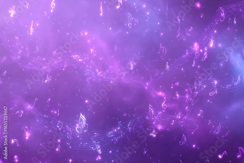 Enchanting purple nebula swirls with glowing musical notes and sparkling stardust creating a magical atmosphere