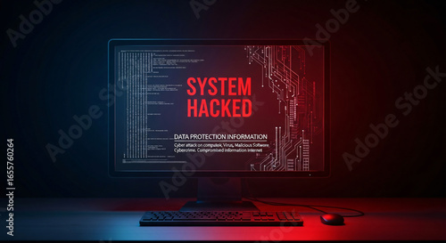 System hacked warnings alert cyber attacks on a computer network, viruses, Spyware, Malware, or Malicious software. Cyber security and cybercrime concept. Compromised information Internet.