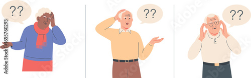 Confused elderly people illustration set with question marks, puzzled senior characters, memory loss concept, dementia awareness, problem solving difficulty vector