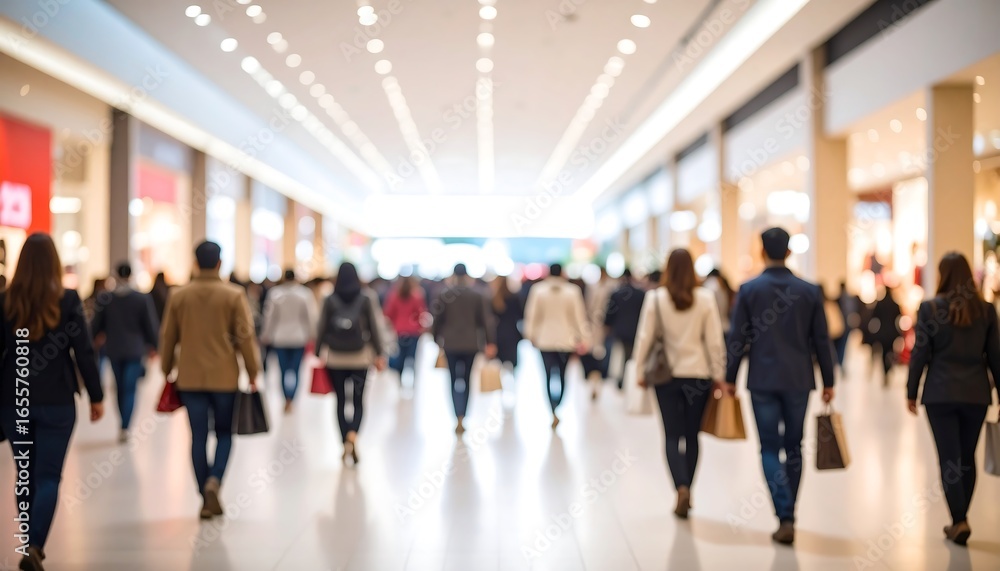 Shoppers walking mall interior.