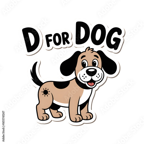 D for dog sticker, sticker-like bruise, and "D for dog" in bold, friendly letters, "D" alphabet