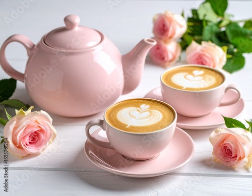 Wallpaper Mural "Pink teapot and two latte art coffees surrounded by pink roses and green leaves on white surface—evoking warmth, intimacy, and floral charm in a serene café moment." Torontodigital.ca