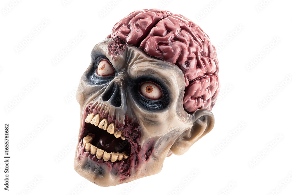 Naklejka premium A Halloween zombie head with exposed brain, isolated on a transparent background.