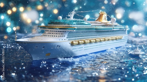 Majestic Cruise Ship Model on Sparkling Water, Festive Bokeh