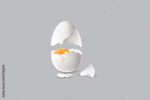 Broken egg with egg white spilling, realistic illustration.
