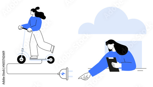 Woman using electric scooter connected to a charging cable. Another performs task management with clipboard near cloud. Ideal for transportation, eco-conscious living, sustainability, tech