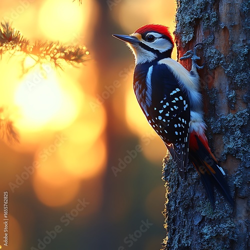 Colorful woodpecker perched on a tree trunk at sunrise.