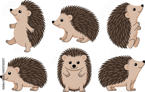 Cute cartoon hedgehog characters set, funny woodland animals, baby hedgehogs in different poses, kids clipart, kawaii forest animal illustrations
